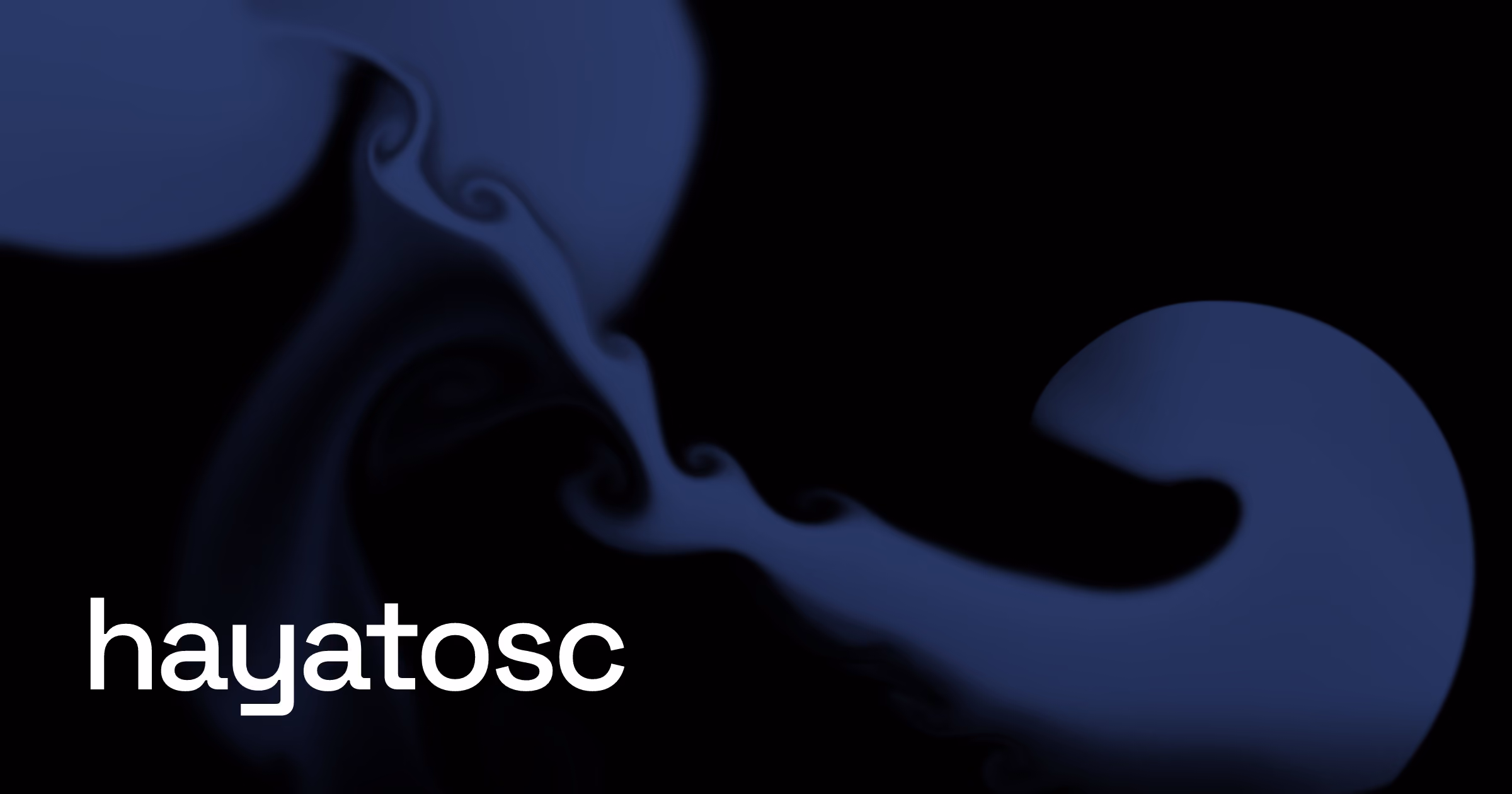 hayatosc.dev のカード。黒い背景に青いインクが渦を巻き、hayatosc と表示されている